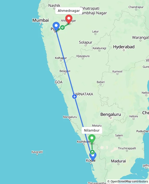 Route map showing distance and travel time from Nilambur, India to Ahmednagar, India