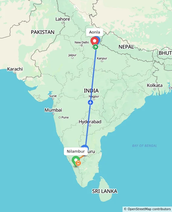 Route map showing distance and travel time from Nilambur, India to Aonla, India