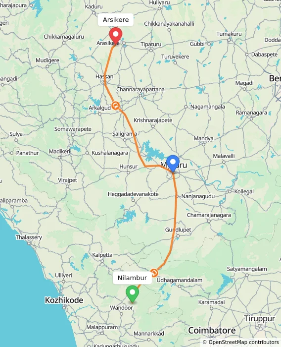 Route map showing distance and travel time from Nilambur, India to Arsikere, India