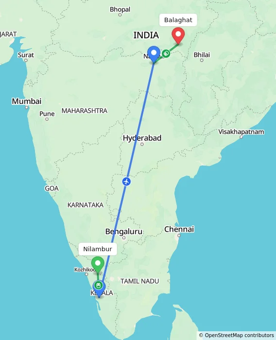 Route map showing distance and travel time from Nilambur, India to Balaghat, India