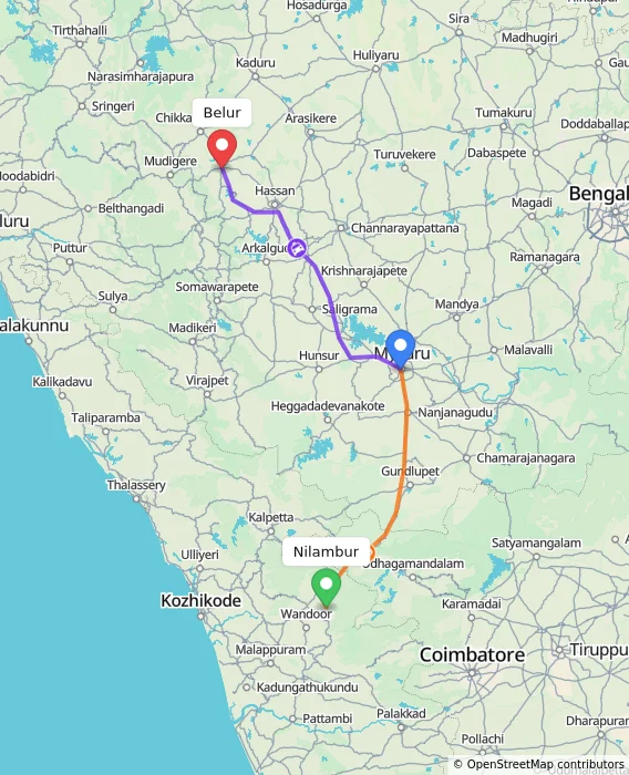 Route map showing distance and travel time from Nilambur, India to Belur, India
