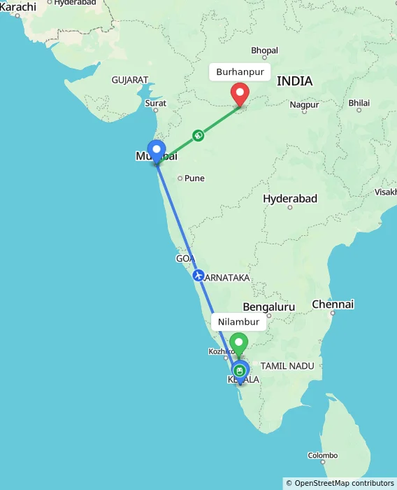 Route map showing distance and travel time from Nilambur, India to Burhanpur, India