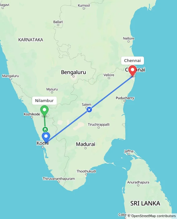 Route map showing distance and travel time from Nilambur, India to Chennai, India