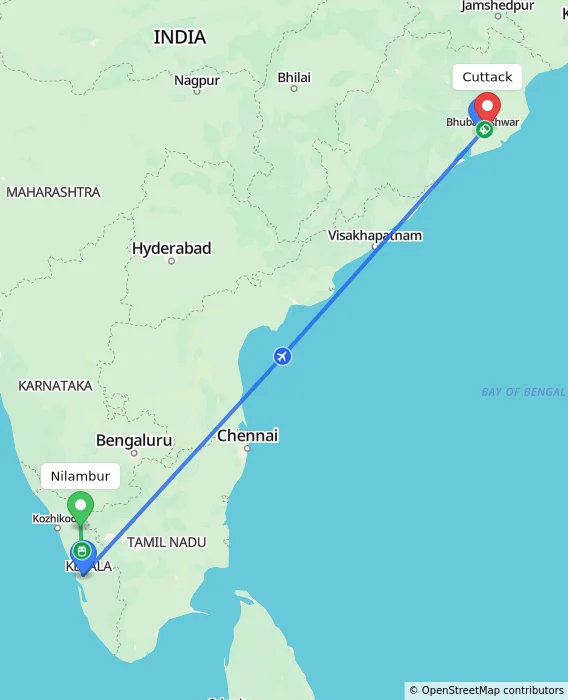 Route map showing distance and travel time from Nilambur, India to Cuttack, India