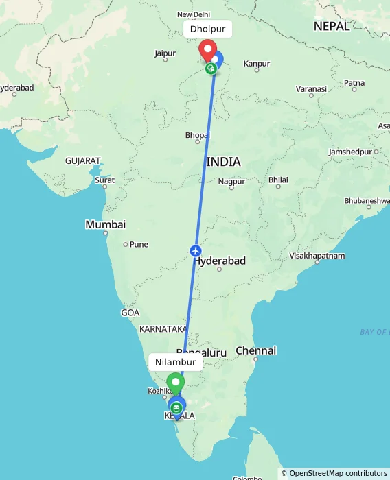 Route map showing distance and travel time from Nilambur, India to Dholpur, India