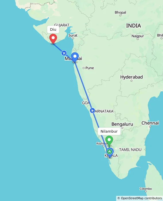 Route map showing distance and travel time from Nilambur, India to Diu, India