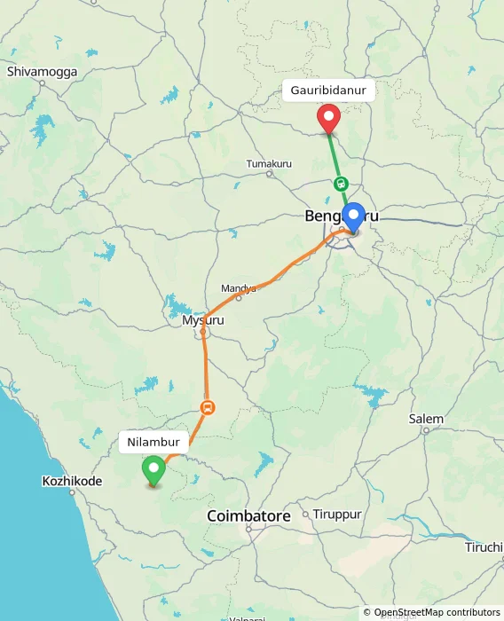 Route map showing distance and travel time from Nilambur, India to Gauribidanur, India