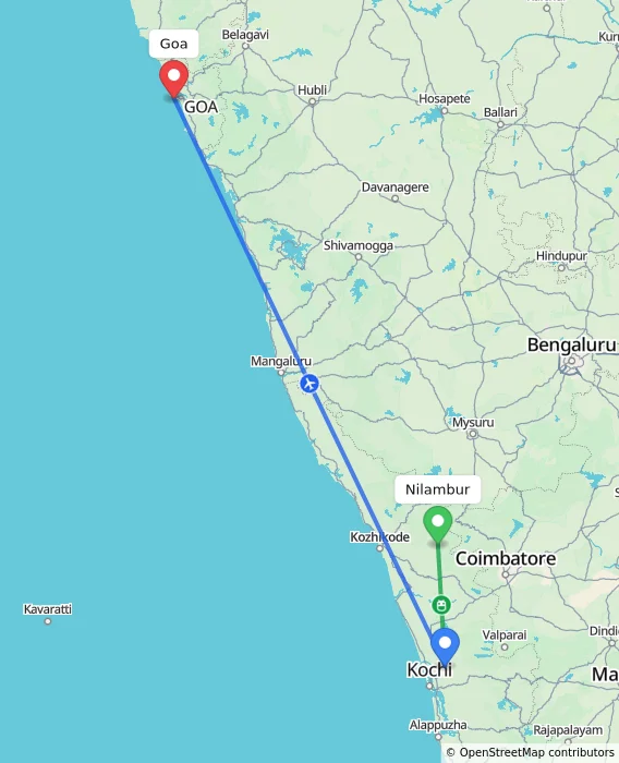 Route map showing distance and travel time from Nilambur, India to Goa, India