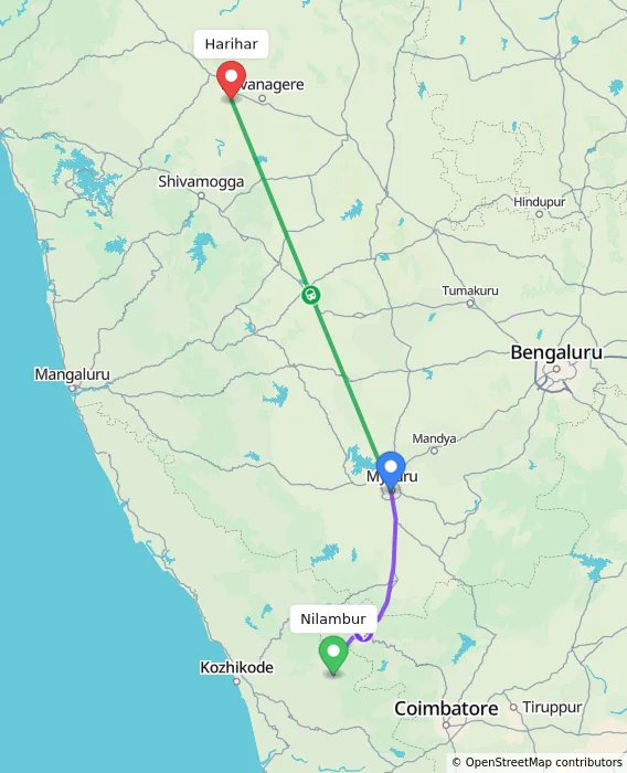 Route map showing distance and travel time from Nilambur, India to Harihar, India