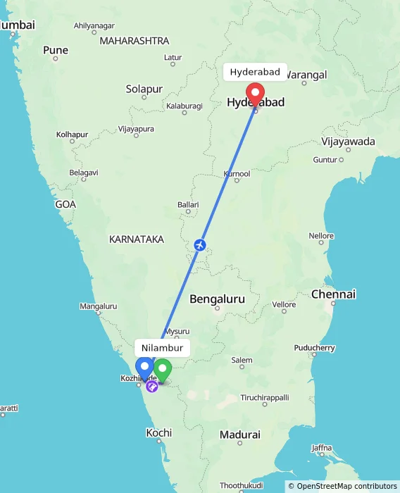 Route map showing distance and travel time from Nilambur, India to Hyderabad, India