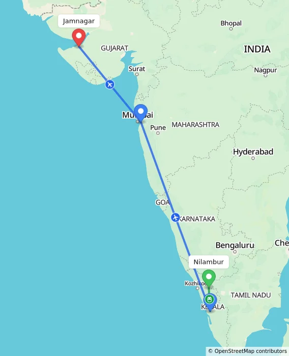 Route map showing distance and travel time from Nilambur, India to Jamnagar, India