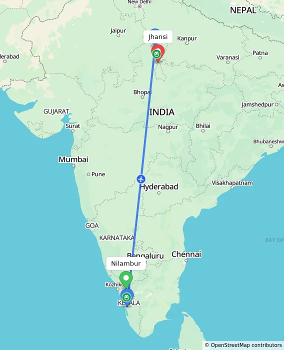 Route map showing distance and travel time from Nilambur, India to Jhansi, India