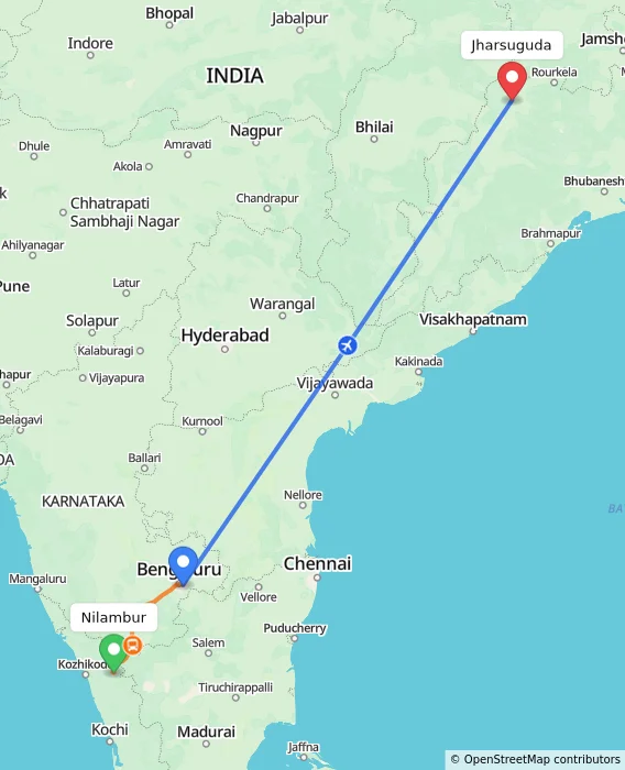 Route map showing distance and travel time from Nilambur, India to Jharsuguda, India