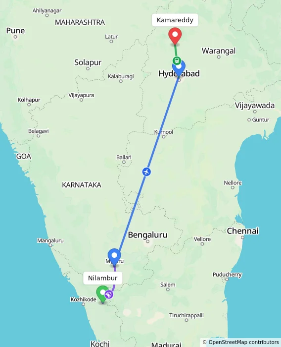 Route map showing distance and travel time from Nilambur, India to Kamareddy, India