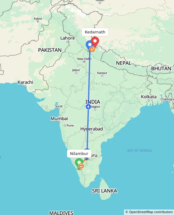 Route map showing distance and travel time from Nilambur, India to Kedarnath, India