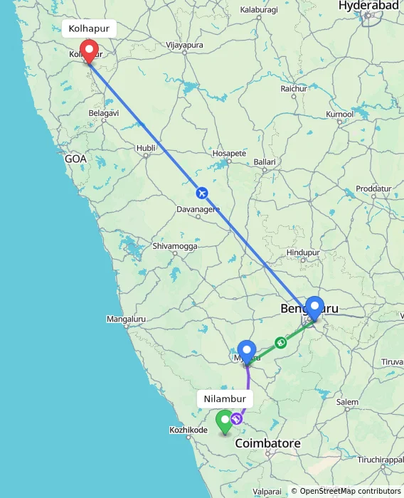 Route map showing distance and travel time from Nilambur, India to Kolhapur, India