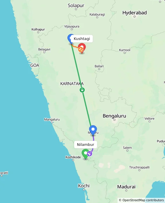 Route map showing distance and travel time from Nilambur, India to Kushtagi, India