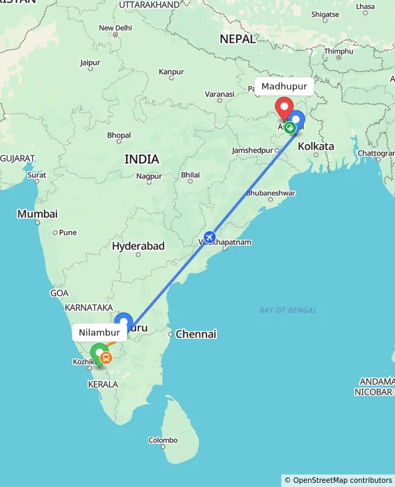 Route map showing distance and travel time from Nilambur, India to Madhupur, India