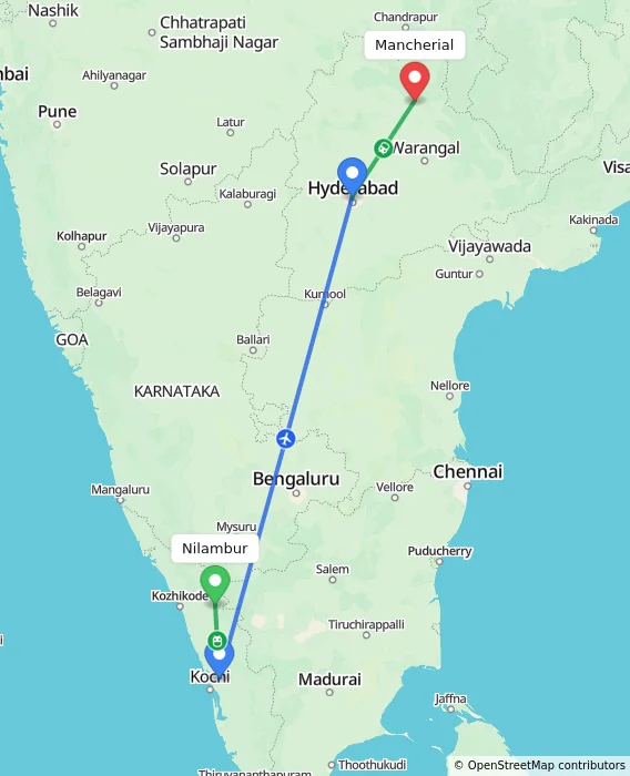 Route map showing distance and travel time from Nilambur, India to Mancherial, India