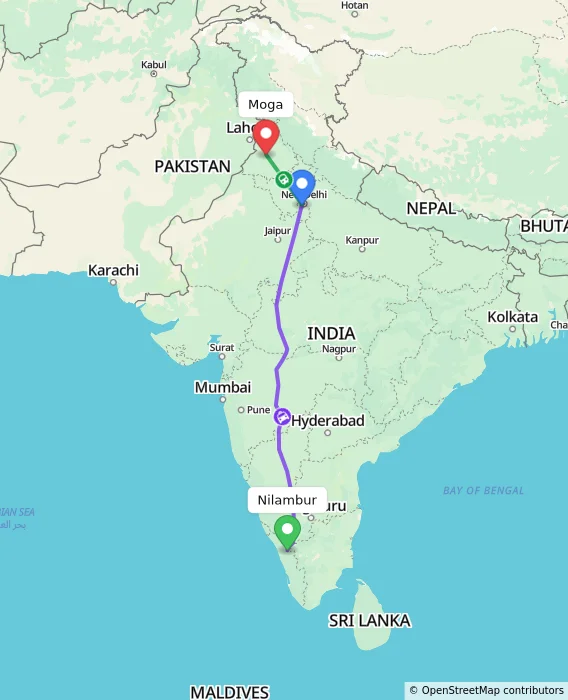 Route map showing distance and travel time from Nilambur, India to Moga, India