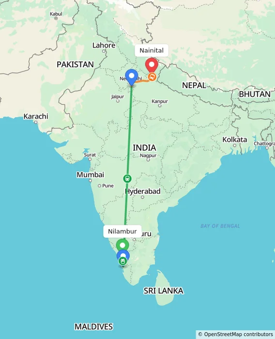 Route map showing distance and travel time from Nilambur, India to Nainital, India