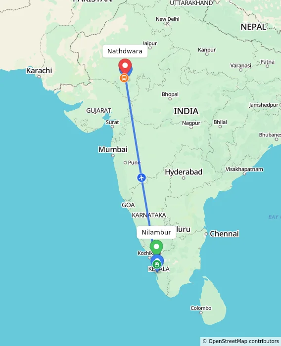 Route map showing distance and travel time from Nilambur, India to Nathdwara, India