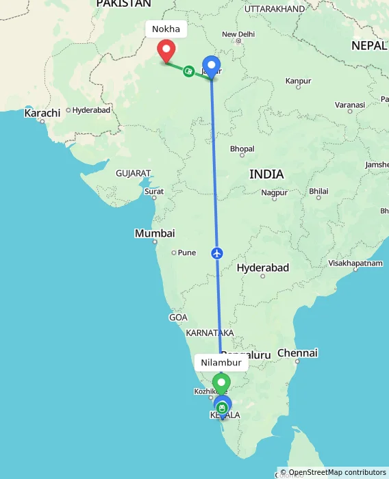 Route map showing distance and travel time from Nilambur, India to Nokha, India