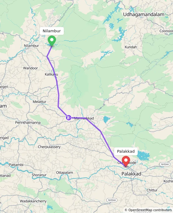 Route map showing distance and travel time from Nilambur, India to Palakkad, India
