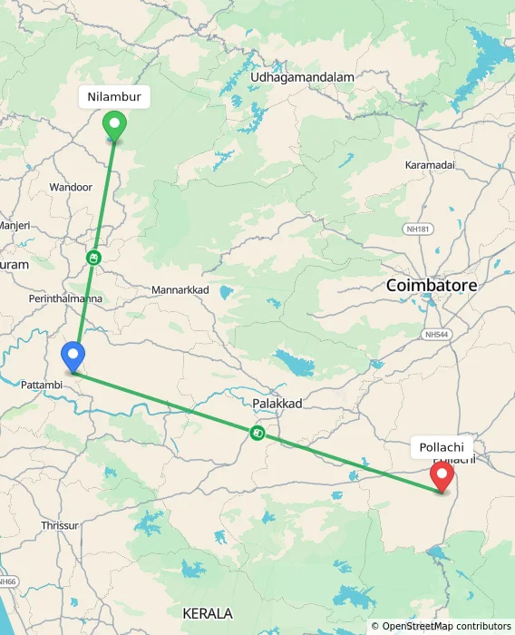 Route map showing distance and travel time from Nilambur, India to Pollachi, India