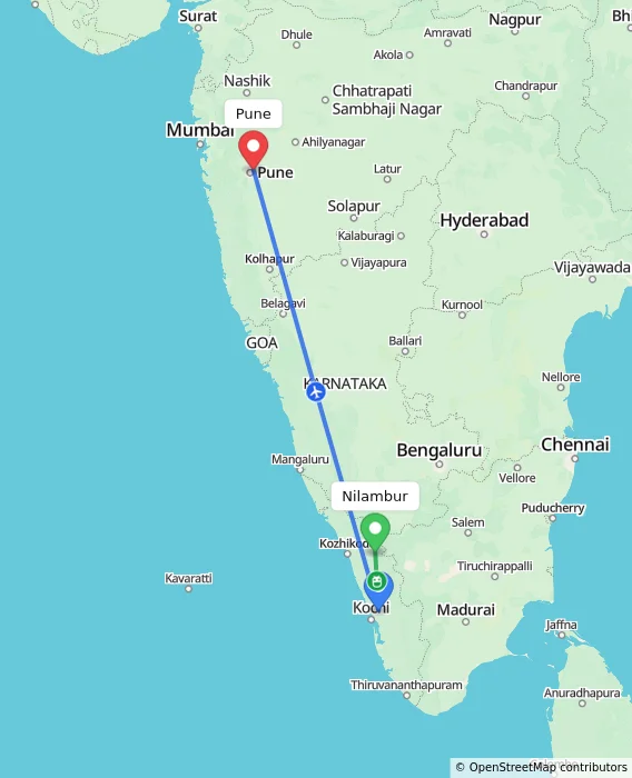 Route map showing distance and travel time from Nilambur, India to Pune, India
