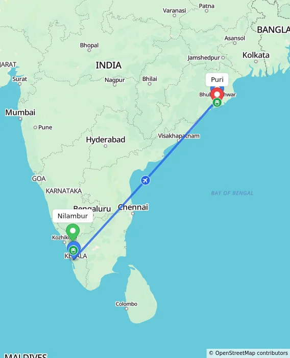 Route map showing distance and travel time from Nilambur, India to Puri, India