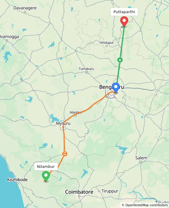 Route map showing distance and travel time from Nilambur, India to Puttaparthi, India