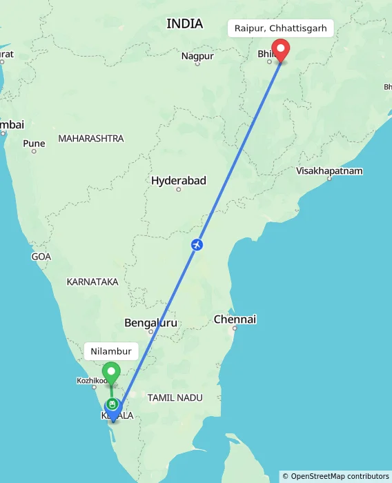Route map showing distance and travel time from Nilambur, India to Raipur, Chhattisgarh, India
