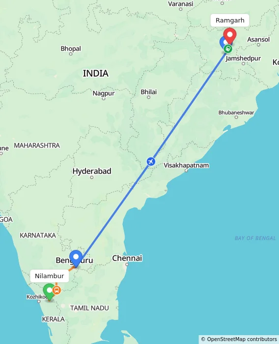 Route map showing distance and travel time from Nilambur, India to Ramgarh, India