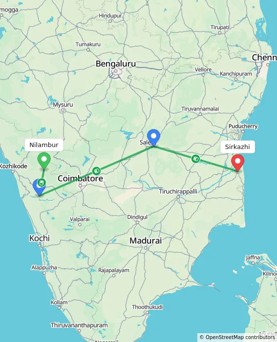 Route map showing distance and travel time from Nilambur, India to Sirkazhi, India