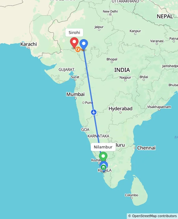 Route map showing distance and travel time from Nilambur, India to Sirohi, India