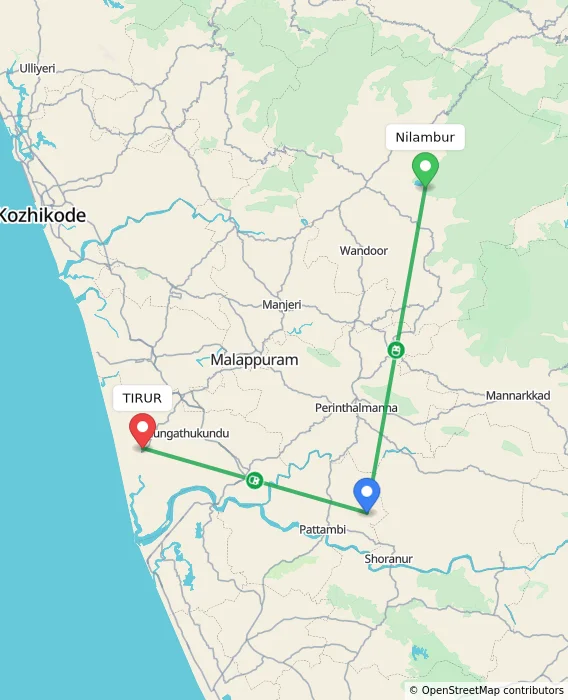 Route map showing distance and travel time from Nilambur, India to TIRUR, India