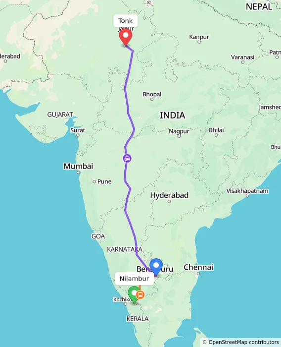 Route map showing distance and travel time from Nilambur, India to Tonk, India