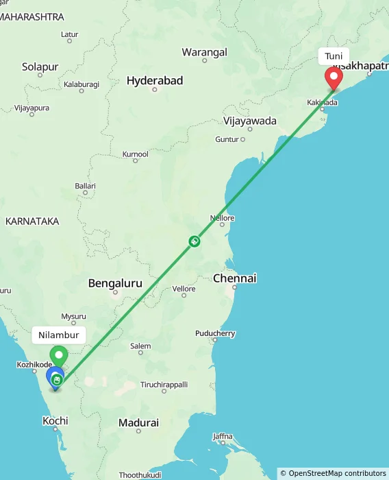 Route map showing distance and travel time from Nilambur, India to Tuni, India