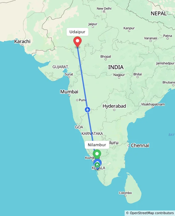 Route map showing distance and travel time from Nilambur, India to Udaipur, India