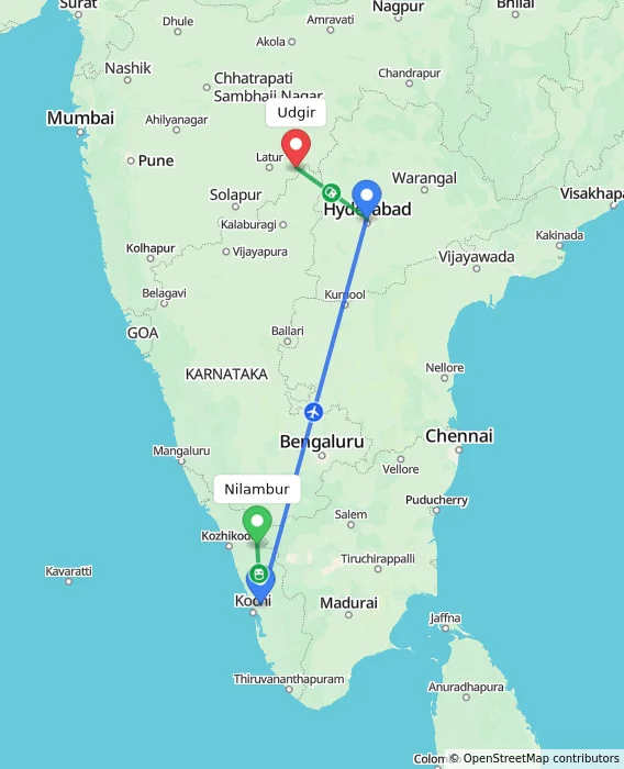 Route map showing distance and travel time from Nilambur, India to Udgir, India