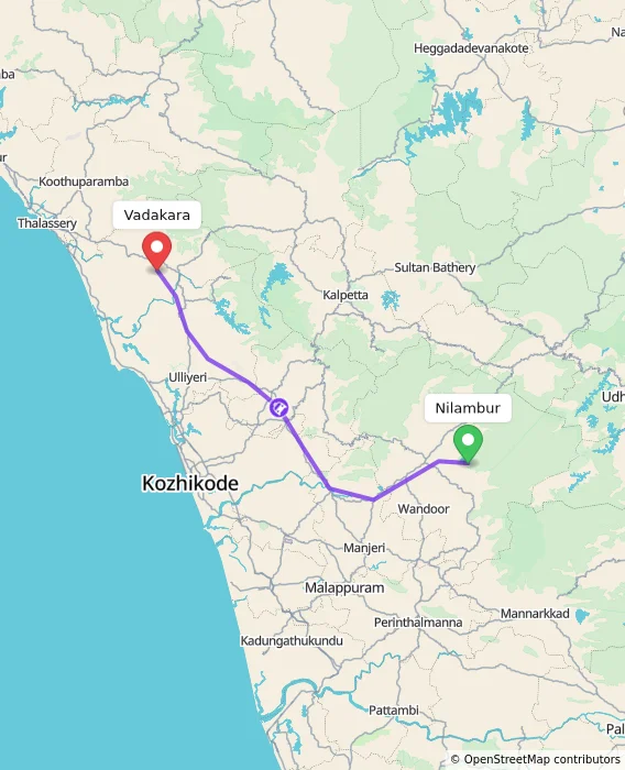 Route map showing distance and travel time from Nilambur, India to Vadakara, India