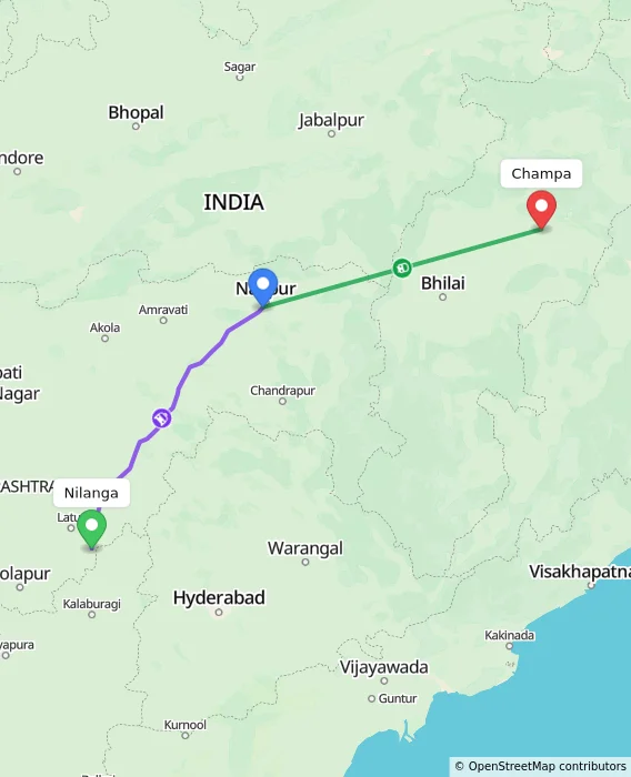 Route map showing distance and travel time from Nilanga, India to Champa, India