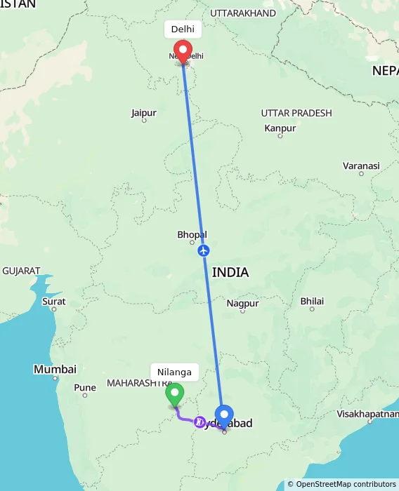 Route map showing distance and travel time from Nilanga, India to Delhi, India