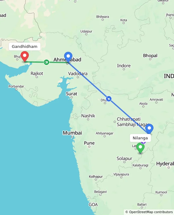 Route map showing distance and travel time from Nilanga, India to Gandhidham, India