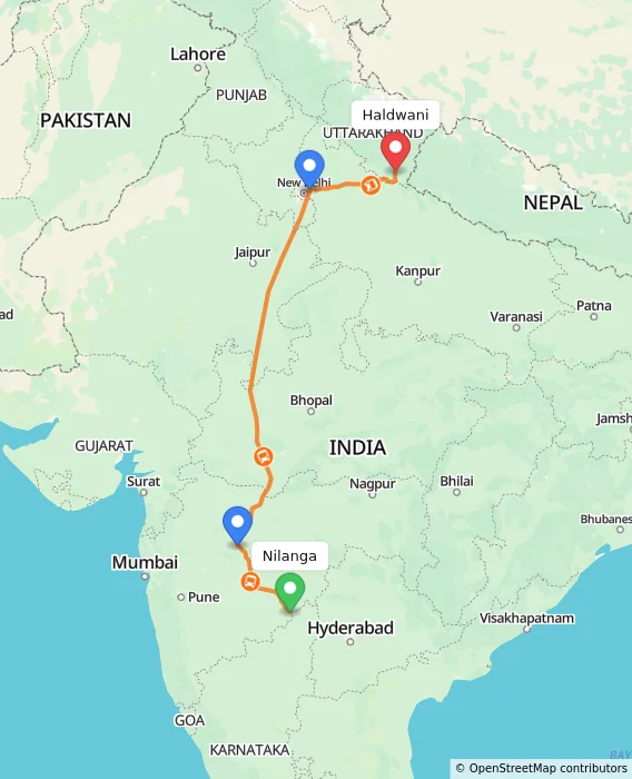 Route map showing distance and travel time from Nilanga, India to Haldwani, India