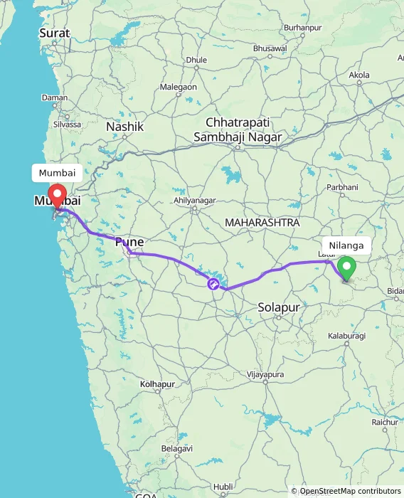 Route map showing distance and travel time from Nilanga, India to Mumbai, India