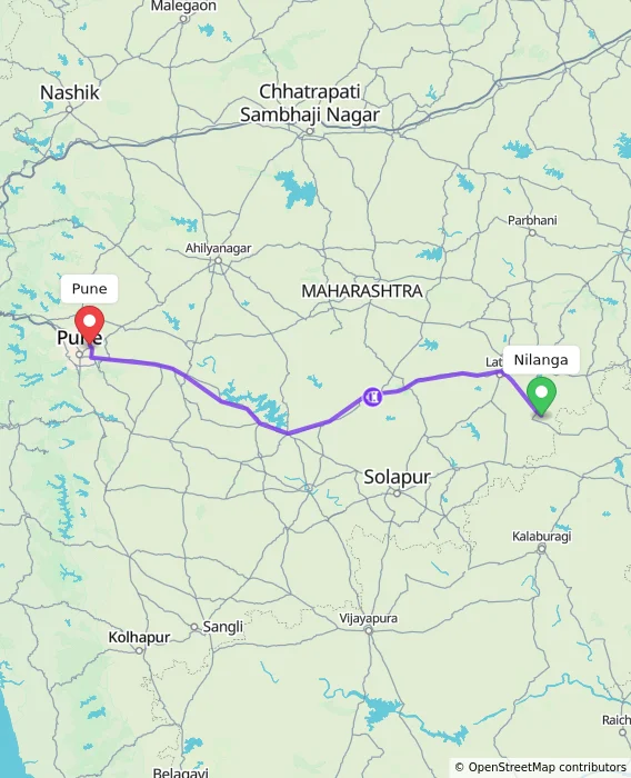 Route map showing distance and travel time from Nilanga, India to Pune, India