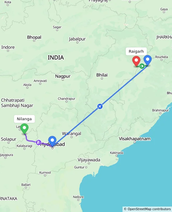 Route map showing distance and travel time from Nilanga, India to Raigarh, India