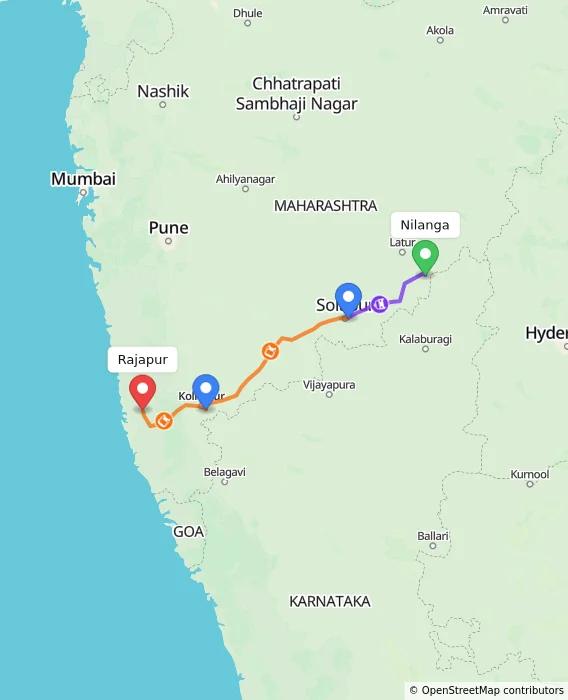 Route map showing distance and travel time from Nilanga, India to Rajapur, India